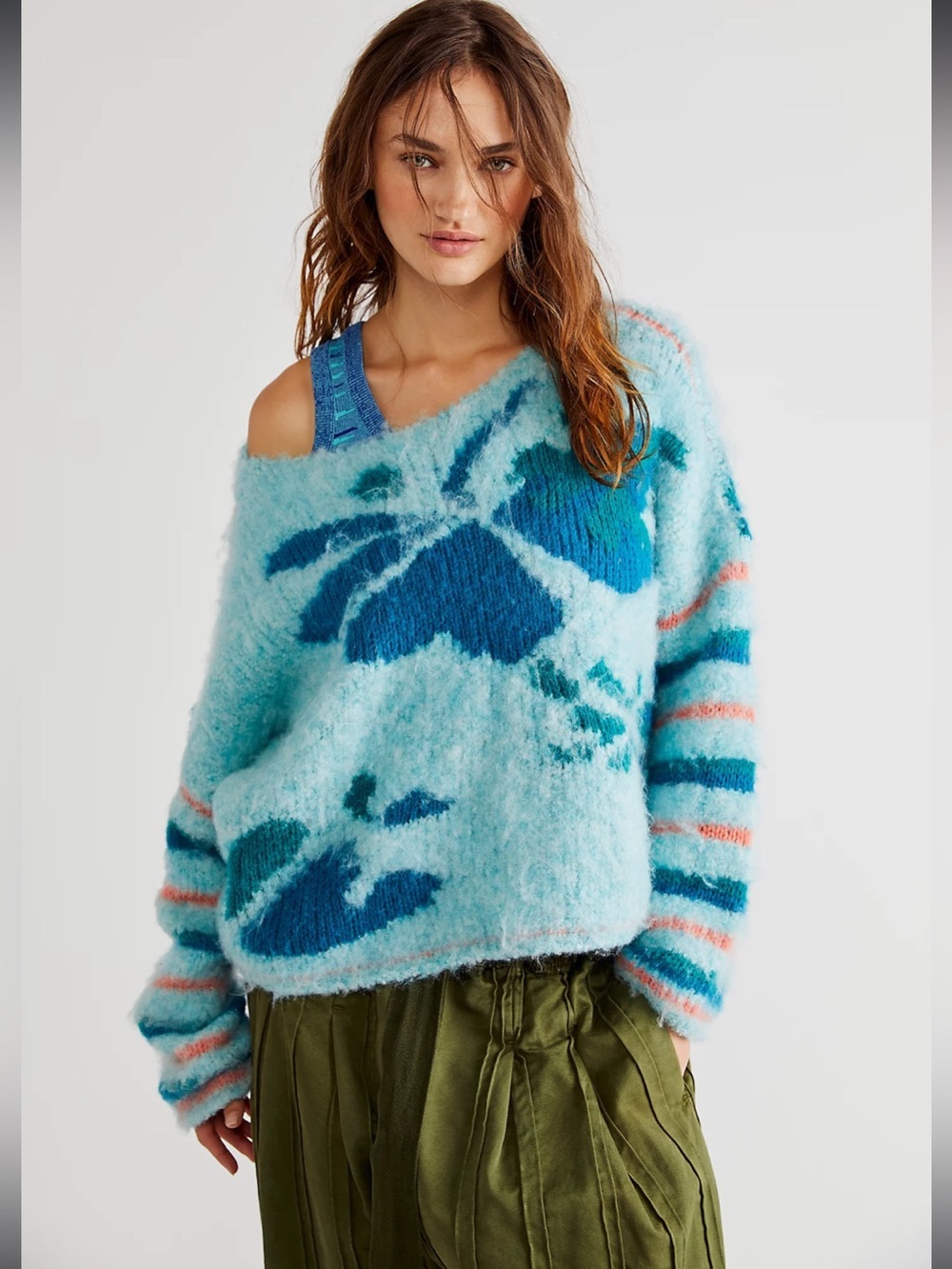 Free People Lily Pullover Mosaic Sky Combo Fuzzy Knit Sweater S